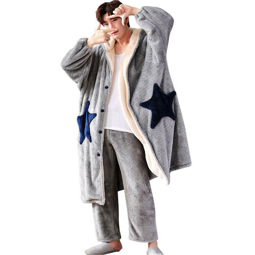 Nightwear men's winter thickened long coral velvet pajamas warm autumn and winter flannel bathrobe set YX9928 L