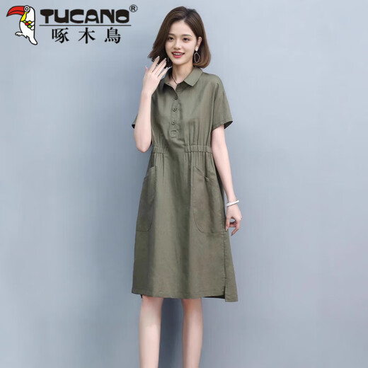 啄木鸟（TUCANO）连衣裙2025夏季新款潮纯色宽松休闲收腰显瘦大|码女装棉麻妈m妈裙 绿色短袖 3XL