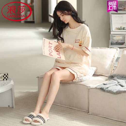 浪莎（LangSha）睡衣女款夏季纯棉短袖短裤可外穿2025年新款全棉家居服套装 9855 品牌纯棉 M 建议80-100斤穿