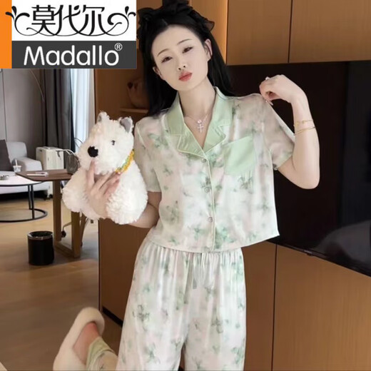 Modal calidad pequeña pijama de estilo fragante para mujeres en seda de verano pantalones cortos pantalones de manga corta habitación acondicionada de aire acondicionado y otoño sweet home talling para mujeres 694 pintura de tinta de mariposa longitud corta l (sugerencia 98-108Jin [Jin equivale a 0.5 kg])