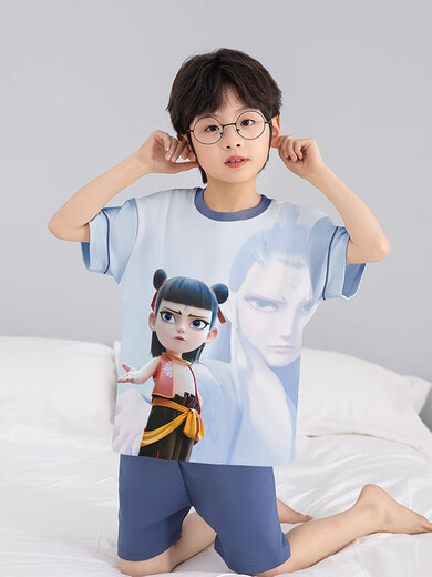 Jungen Pyjamas Sommer Taiyi Real People 2025 Neuer reiner Baumwollkurzärmel-Junge Nezha Thin Big Children süß und lustig N694 Nazha [100% reine Baumwolle] 100 cm/8 Größe [Höhe 85-102 cm]