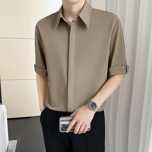 
ITELIMA International High Luxury Brand Summer New Cool Ice Silk Men's Shirt Color Bundle Five-point Short Sleeve Casual 1048 Mousse Brown [Gift Box] M _Suggested 100-120Jin [Jin equals 0.5 kg]