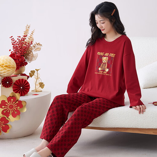 Palando Women's Pajama Set Wedding Festive Home Suit 2025 Spring and Summer Pure Cotton Red Native Year Round Can Wear Outer Pajamas Pa-QM 9227 Women M Pa-(Female)