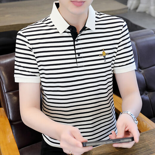 Polos de Hailan Polo a rayas Polo de manga corta para hombres Camisa de seda de hielo delgada de estilo coreano Camisa bordada casual 6626 Caki L (105120Jin [Jin equivale a 0.5 kg])