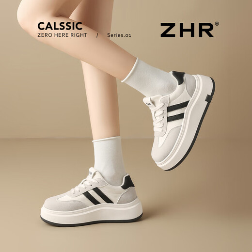 ZHR板鞋女复古厚底增高休闲鞋子潮流软底运动鞋女韩版百搭舒适小白鞋 米黑 37