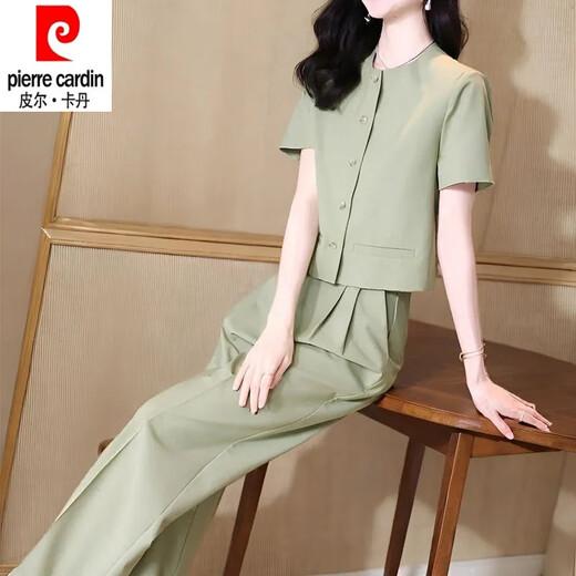 皮尔卡丹（pierre cardin）时尚套装女夏季2025新款洋气显瘦御姐圆领短袖衬衫直筒裤两件套女 12608-黑色套装 M 【建议80-95斤】