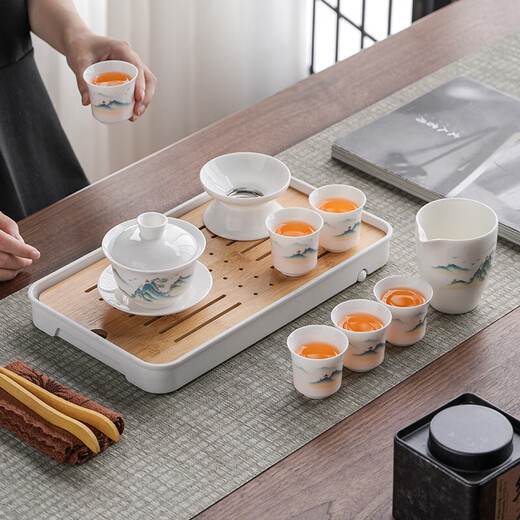 Mutton-fat Jade Porcelain 2025 New Tea Set Home Office Light Luxury High-end Landscape Painting Cover Bowl Tea Cup Gift Box 10-head Mutton-Fat Jade-Jinting Landscape Fragrance + Small Bamboo Plate