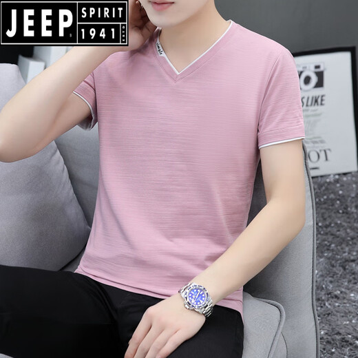 JEEP SPIRIT高端男士短袖t恤v领夏季新款修身纯棉男生半袖休闲时尚百搭上衣服 豆绿色659款 L 建议100-120斤