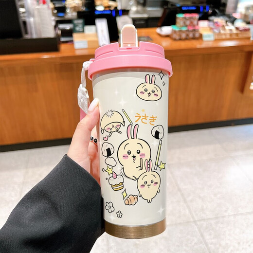 乌萨奇水杯保温杯乌萨奇保温杯学生女款带吸管大容量车载水杯 BXAB10975吉伊咔哇 520ML配挂绳蓝白色彩绘打印