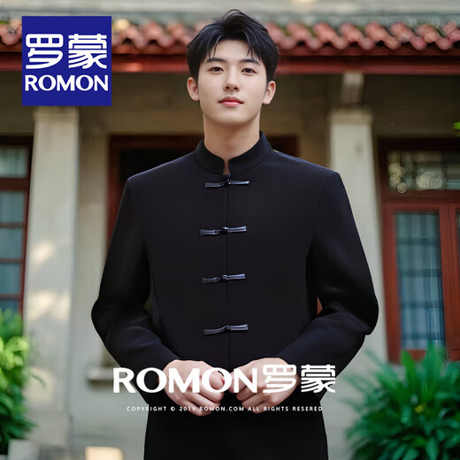 罗蒙（ROMON）新中式盘扣国风西服套装男结婚礼服敬酒服唐装新郎伴郎订婚中山装 黑色【西服+裤子】 XL (161斤-180斤)
