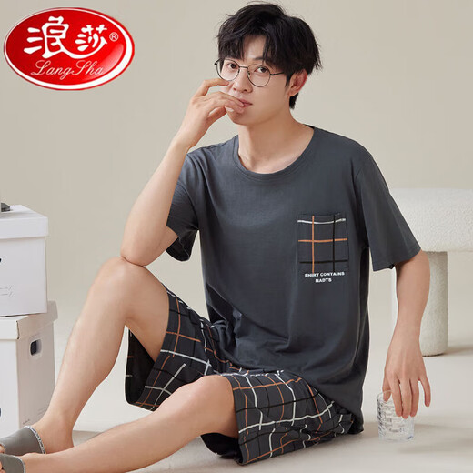 浪莎睡衣男夏季棉质短袖短裤青年学生家居服宽松大码薄款中年男士套装 H9928（短袖短裤） L （建议90-110斤）