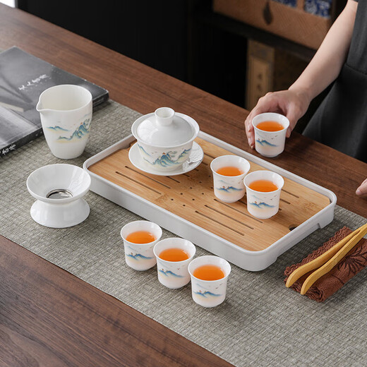 Mutton-fat Jade Porcelain 2025 New Tea Set Home Office Light Luxury High-end Landscape Painting Cover Bowl Tea Cup Gift Box 10-head Mutton-Fat Jade-Jinting Landscape Fragrance + Small Bamboo Plate