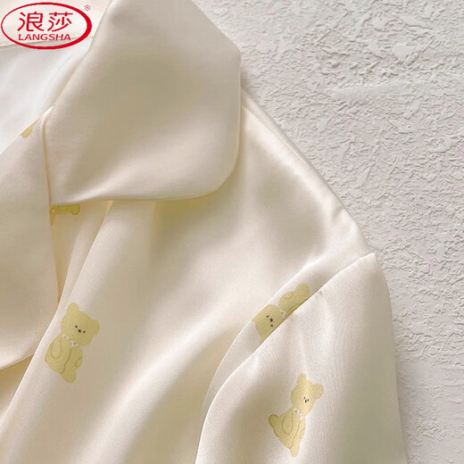 浪莎（LangSha）韩版ins冰丝绸凉感睡衣女士短袖长裤少女甜美可爱小熊家居服套装 高品质-YFY-9905【短袖长裤】 M 【建议80-100斤】