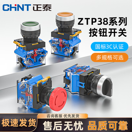 Chint (CHNT) button ZTP38 self-locking reset button switch round button green 22MM control button flat head with light 40 mushroom head red self-resetting button