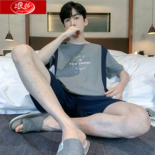 
Langsha pajamas men's summer pure cotton short sleeve shorts suit summer thin large size loose casual pullover home suit men HD9926B short sleeve suit L 100-125Jin [Jin equals 0.5 kg]
