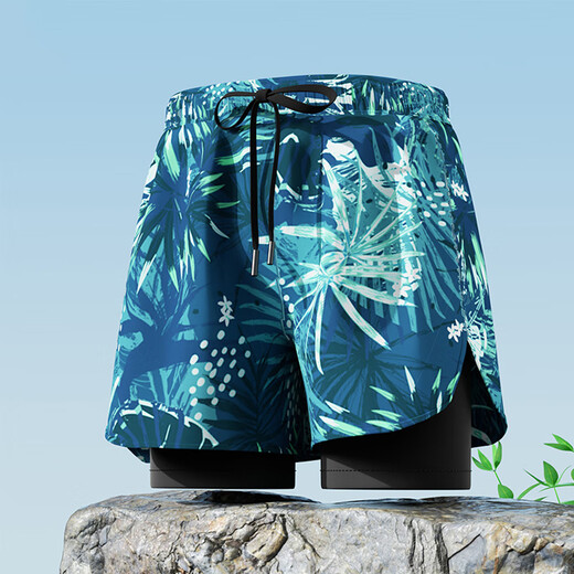 Big round and small round teenage men's swimming trunks anti-embarrassment double-layer loose large size fat people middle and high school students quick-drying swimming upgraded version white flower + cap + swimming goggles earplugs nose clip + bag XL XL95-120Jin Jin equals 0.5 kg