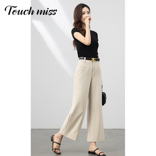 Tachimis TOUCH MISS high waist slim pants for women 2025 spring and summer new small drooping casual pants nine-point wide-leg straight pants Navy blue S