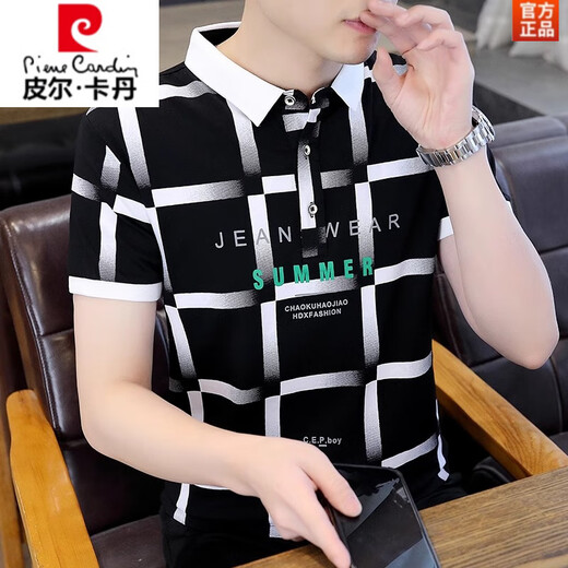 Pierre Cardin Casual Vielseitig vielseitiges Lappel-Polo-Hemd Trendy Letter Drucken Männer kurzärmeliges T-Shirt 2025 Sommer Neuer Top F9226 Black M (ca. 90-105 Jin [Jin Equals Equals Equals Equals] Wearable)