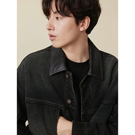 GXG Men's Barn Style Collar Spliced PU Denim Jacket Men's Loose Retro Black Brown 185/XXL