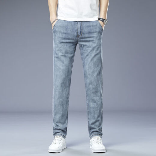 Siete lobos Summer delgados jeans delgados de gama alta para hombres Pantalones casuales rectos sueltos para hombres estiramientos transpirables hombres 9866 azul claro [contador] 32 [dos pies cinco]