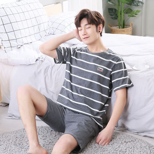 Mu Fengqing pajamas for men in summer cotton thin short sleeves plus fat plus size casual can wear men's youth home clothing suit 9928 [H series men's short-sleeved shorts suit] XL [Suggested 130-150Jin [Jin equals 0.5 kg]]