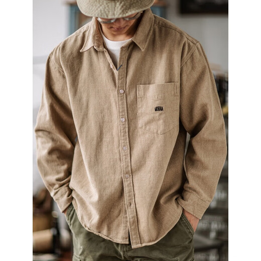 【重磅全棉】磨毛宽松工装衬衫纯色日系长袖休闲衬男春秋外套 杏色 2234-CPH XL 【建议120-140斤】