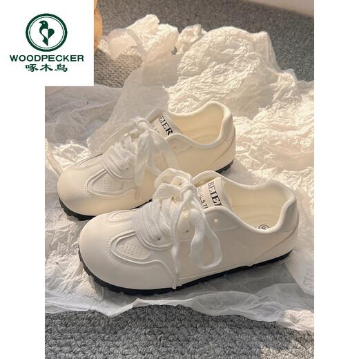 啄木鸟2025新款芭蕾风德训鞋女百搭chic小白鞋女平底不累脚休闲鞋子 3527米色 35
