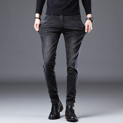 Lee Kids Hong Kong Black Jeans Herren Frühling und Sommer Neue schlanke kleine Füße modische Marke Mode Stretch Casual Hosen Männer QN1049 Gray Plus Fleece 28