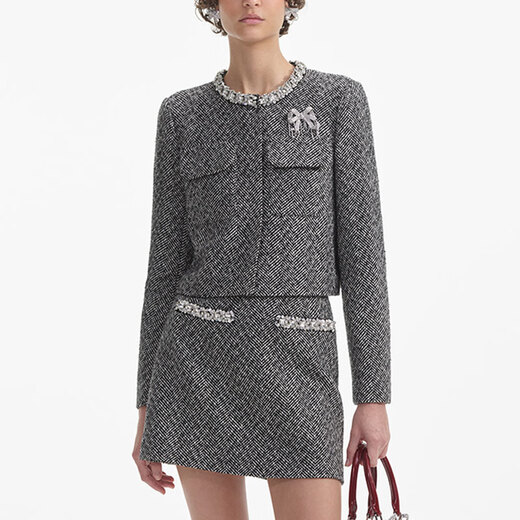 Joyas de diamantes autorretratos con una gran chaqueta de tweed estilo fragancia de oro para mujeres, color gris mixto, color gris mezclado xs uk 04