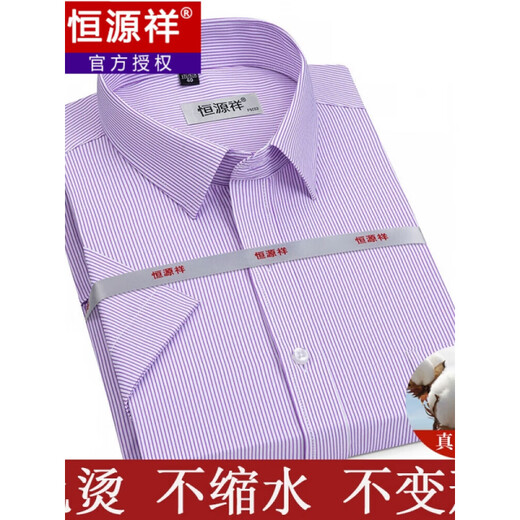 恒源祥短袖衬衫男夏季薄款条纹中年商务正装格子免烫休闲棉质衬衣 短袖 细条纹 紫色 DX6624款 39 【建议120-135斤】