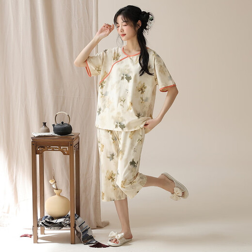 Langsha Neuer chinesischer Pyjama für Frauen im Sommer Nachahmung Baumwolle Kurzärmel 2025 Chinesische Stil Falten Sie lässig Lose Home Clothing 9905 m