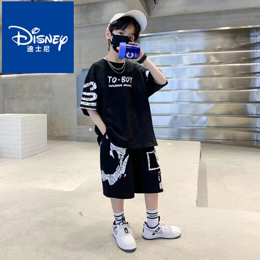 迪士尼（Disney）男童套装2025夏季新款网红套装一整套儿童t恤中大童男孩两件套潮 黑色短袖[SO套装]#687 110 适合身高100左右