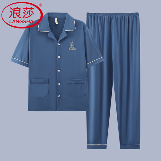 LangSha (LangSha) pure cotton pajamas for men's summer thin short-sleeved trousers home clothes for men's summer teenagers plus size casual suit G3884 blue-short-sleeved trousers 3XL [Suggested 160-190Jin [Jin equals 0.5 kg]]