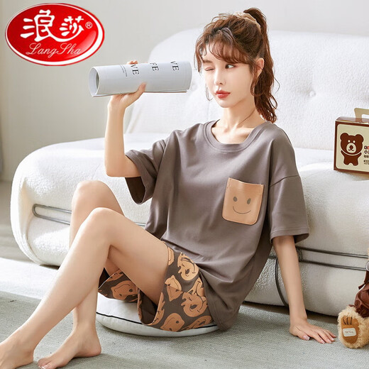 浪莎睡衣女夏季纯棉薄款可爱韩版学生短袖两件套装春秋宽松夏天家居服 栗色GXT6636图色 XL码(建议115-130斤) 均码