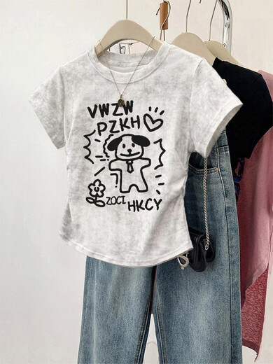 帛雷斯诺扎染t恤女短袖修身大码遮肚显瘦正肩夏季2025新款胖mm短款上衣 扎染白色-粉红字母R281-1355# M适合80-95斤 均码