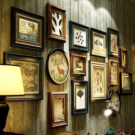 Hualeji Amerikaner massives Holzfoto Wand, ohne Fotorahmen Wandhänge Kombination Wohnzimmer Esseingang Eingang Europäische Retro-TV-Sofa 6198 Massivholz zweifarbig gemischte Kombination 23 Rahmengröße