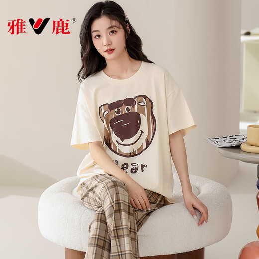 雅鹿莫代尔2025新款睡衣女夏季棉短袖长裤春夏天条纹休闲家居服 YZ9715女款 M 女款