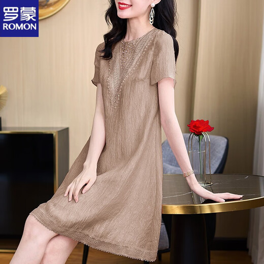 罗蒙（ROMON）高档贵妇a字连衣裙夏季女装2025新款宽松韩版大码胖m妹小个子减龄 咖啡色 2XL 建议125-135斤