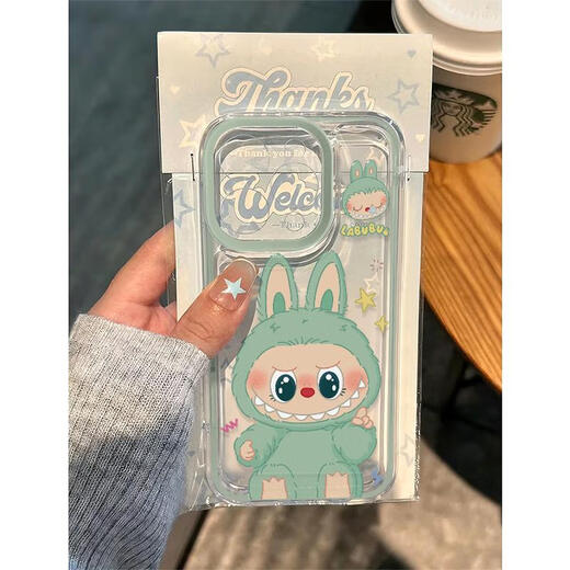 Shiganu [New Product] Labubu Zimo Mobile Case Labubu Apple 15 Promax Peripheral iPhone 1416 Xiaomi 13 Redmi 12 Applicable to 11 Huawei vivo Honor iq Mint green frame rag-space shell-transparent OPPO Reno4
