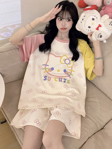 Lindas chicas de pijamas de pijamas de algodón puro verano de manga corta de manga corta de talla grande MM MM Ropa para el hogar Qys9912 m (adecuado para 80-100 Jin [Jin equivale a 0.5 kg])