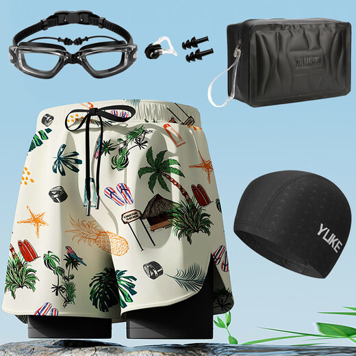 Big round and small round teenage men's swimming trunks anti-embarrassment double-layer loose large size fat people middle and high school students quick-drying swimming upgraded version white flower + cap + swimming goggles earplugs nose clip + bag XL XL95-120Jin Jin equals 0.5 kg