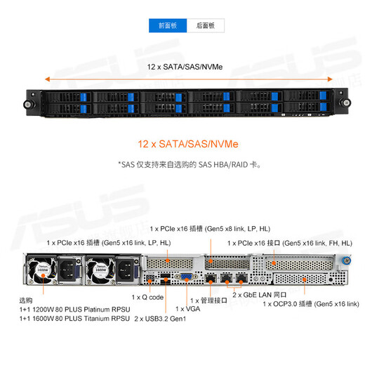 华硕RS500A-E12-RS12U 单路4代霄龙服务器 1U机架式服务器主机 高性能计算存储服务器 单路 9754 2.25G 128核256线程 256G内存/1T固态/集显