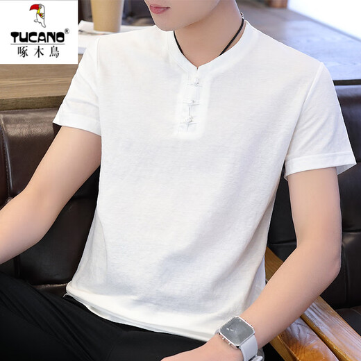 
Woodpecker men's Chinese style linen short-sleeved T-shirt Korean version retro young half-sleeved base clothes trendy men's cotton linen T-shirt 1105 white M