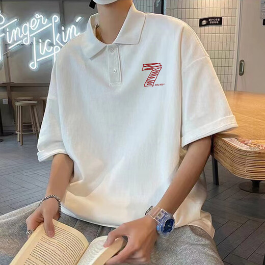 Semir American heavy lapel polo shirt men's short-sleeved summer ins trendy brand casual loose half-sleeved T-shirt top [3899-Lion Dance] White M 80-110Jin [Jin equals 0.5 kg]