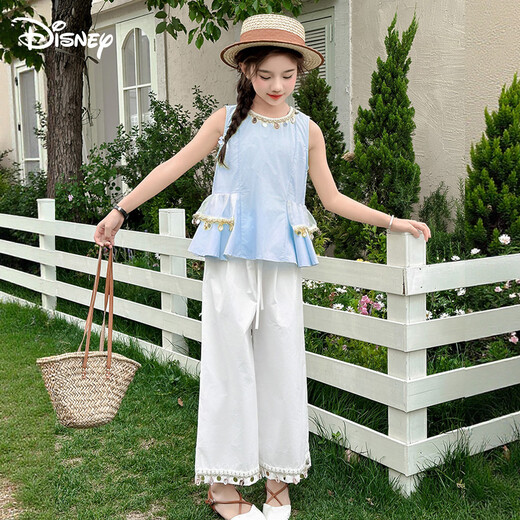 Disney girls suit summer thin girl bohemian sleeveless t-shirt wide-leg pants suit TD2ET012 blue and white 160