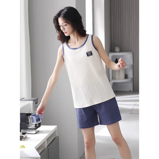 Rindu pajama couple outfit one for men and one for women pure cotton refreshing vest set pure cotton pajama women 2025 new summer style LB:9902 [women] apricot bow love black pants pure M [breathable pure cotton skin-friendly and not stuffy]