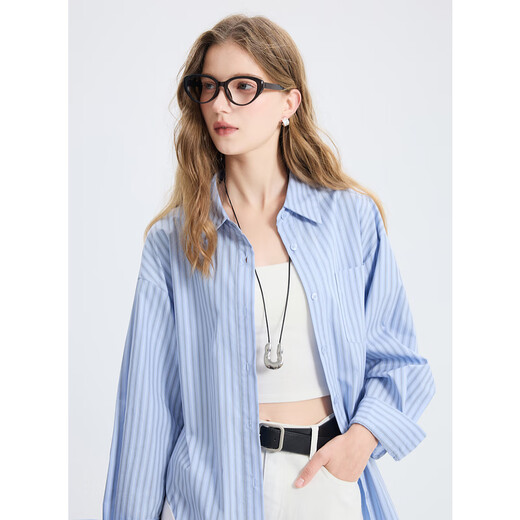 Tricolor 100 cotton 2025 autumn new long-sleeved loose striped shirt lapel shirt cardigan top M