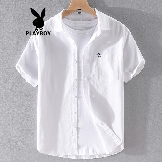 
Playboy (PLAYBOY) men's high-end linen shirt summer trendy brand thin cotton linen top men's casual short-sleeved T-shirt summer clothes yunyi-9711 white M