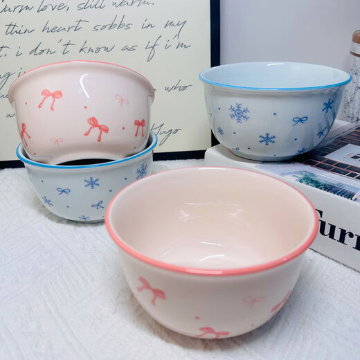 Pink and blue bow ceramic bowl home eating bowl ins high-looking underglaze color tableware dessert bowl soup bowl noodle bowl 1 bow 4.5-inch bowl