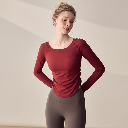 LULULMCCTN long-sleeved yoga clothes for women, running sports tops, slim fit, Pilates training t-shirt, quick-drying fitness clothes, red S